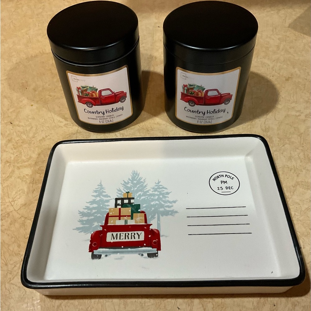 Hallmark: two  white candles and porcelain  Christmas holiday tray.